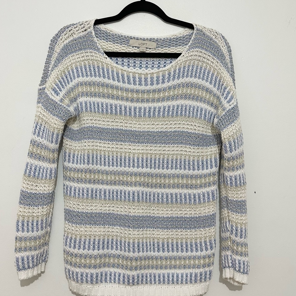 Ann Taylor LOFT Crew Neck Sweater Striped small knit coastal pastel sparkly